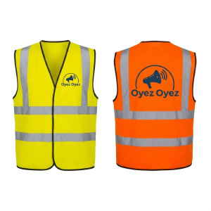 Gilet haute visibilité jaune et orange, logo au coeur et au dos