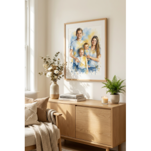 Affiche aquarelle d'après photo de famille, encadrée dans un salon